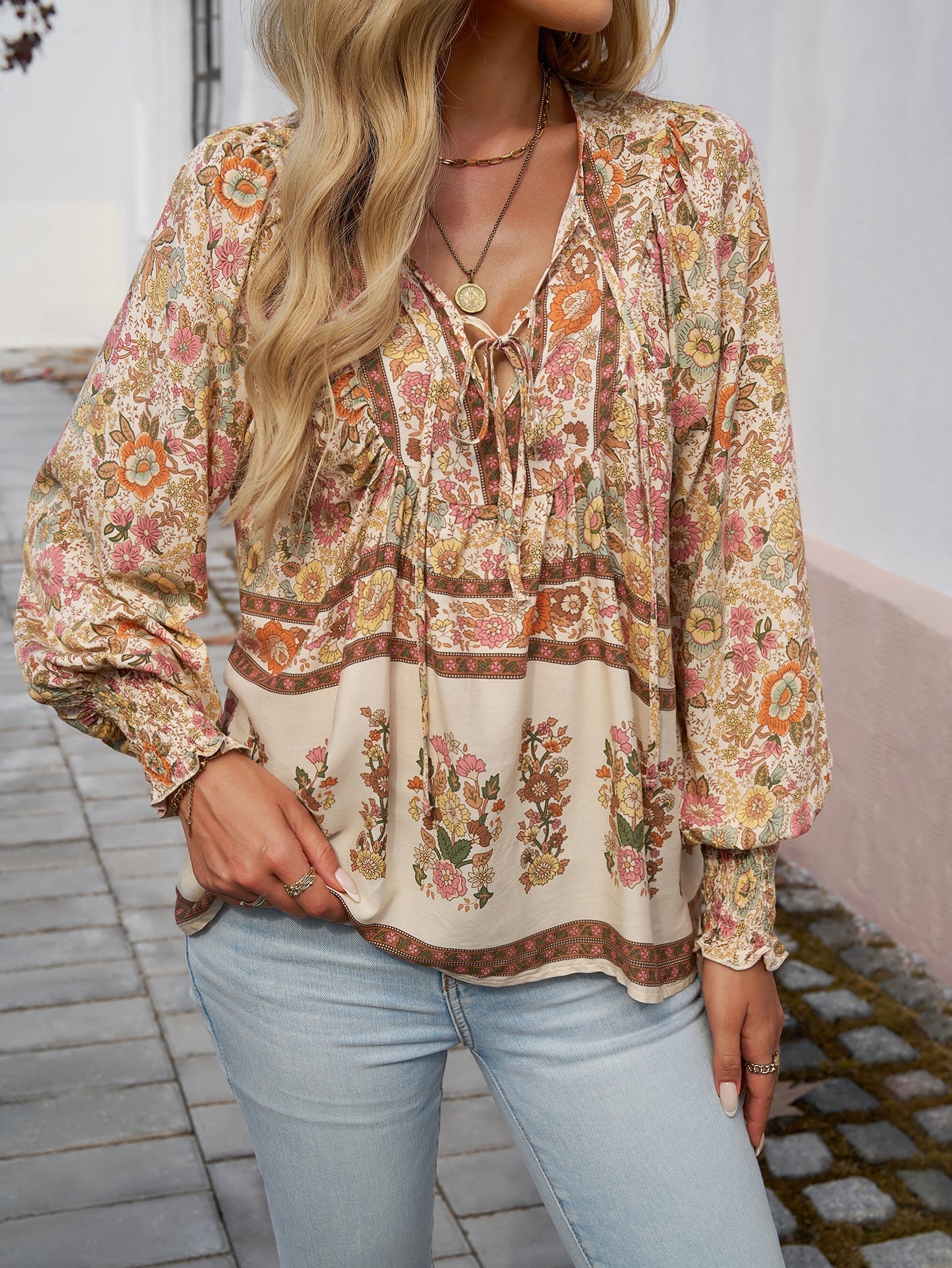 Tie Front V Neck Bohemian Top