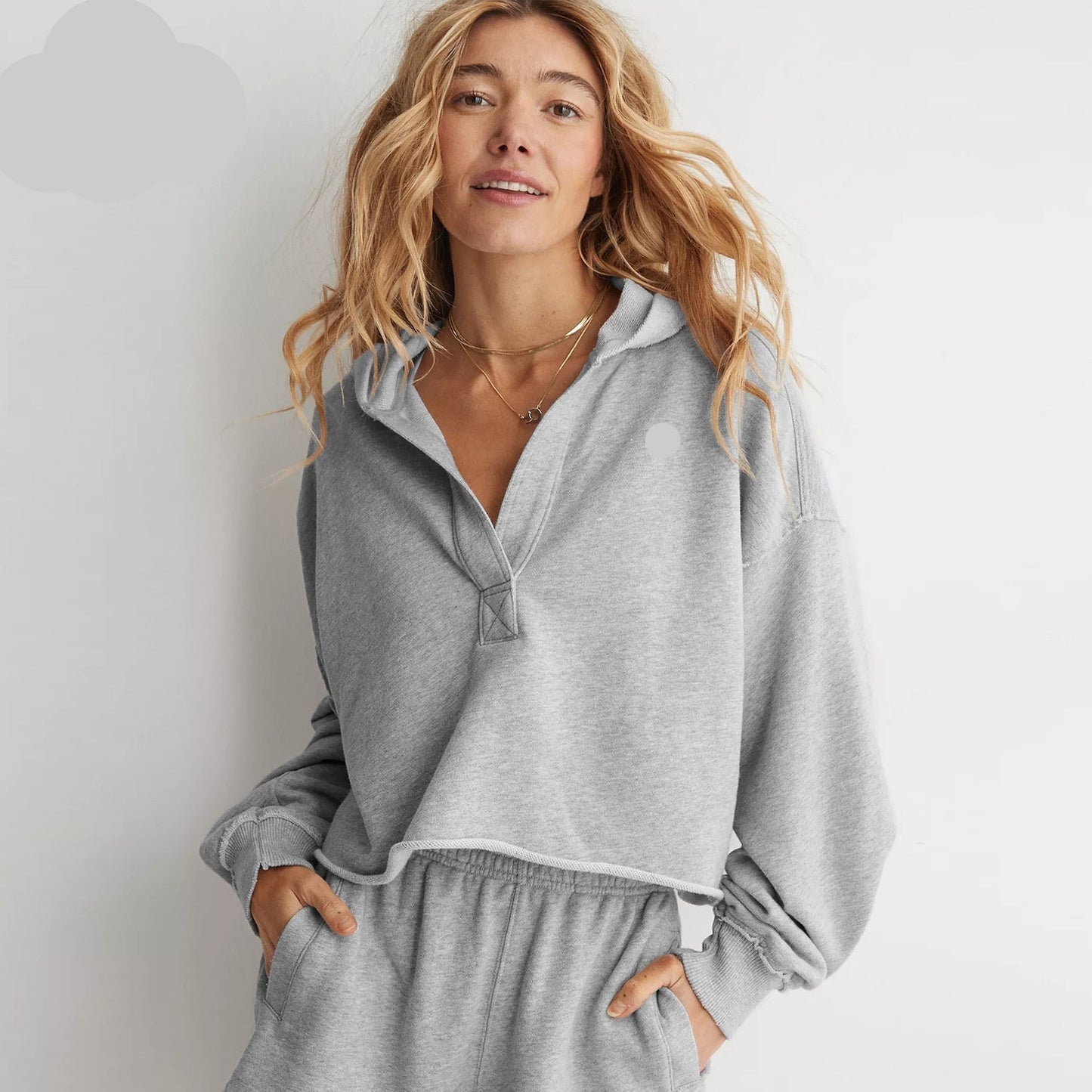 A-V Neck Drop Shoulder Hoodie