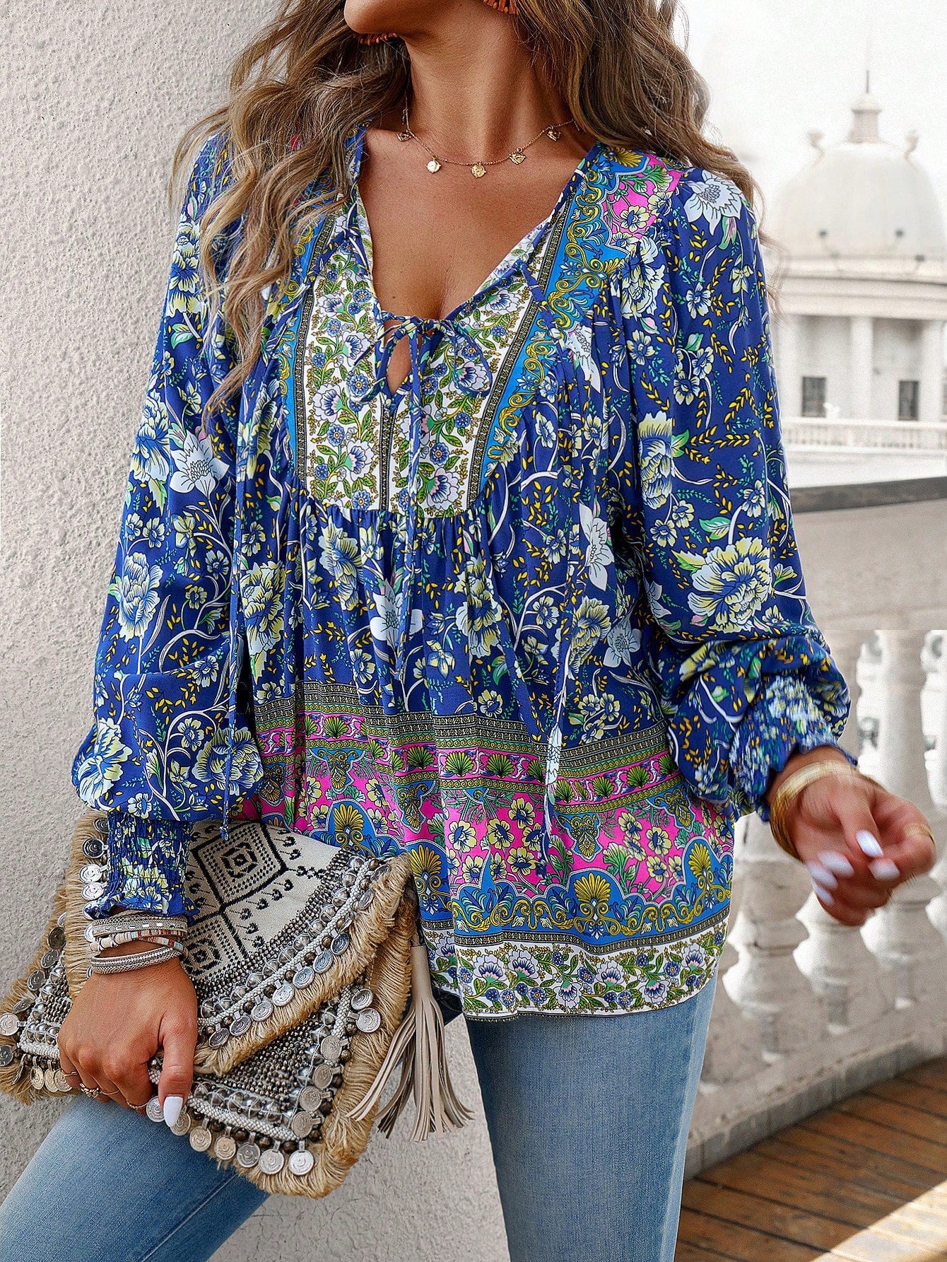 Tie Front V Neck Bohemian Top