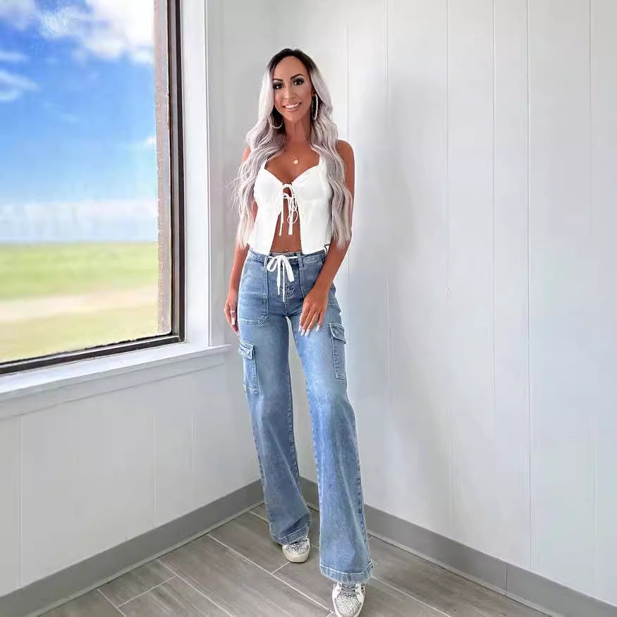 Washed Lace-up Cargo Jeans