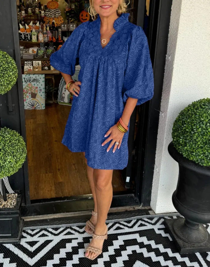 Puff Sleeve Leaf Jacquard Mini Dress