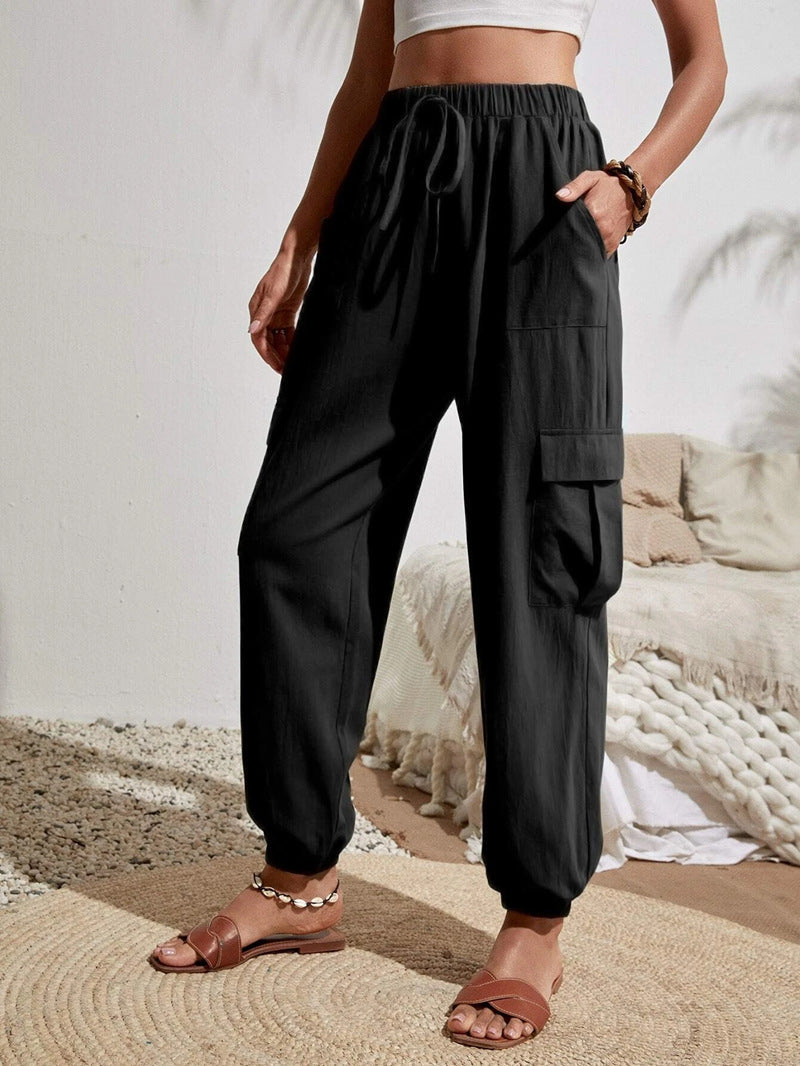 Flap Pocket Side Knot Waist Cargo Pants