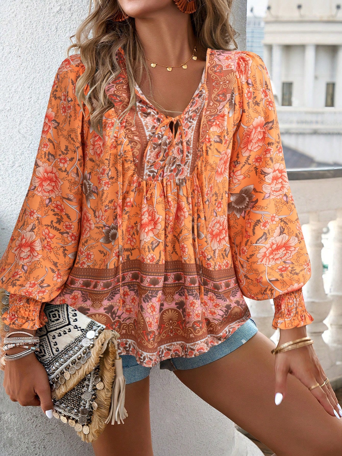 Tie Front V Neck Bohemian Top