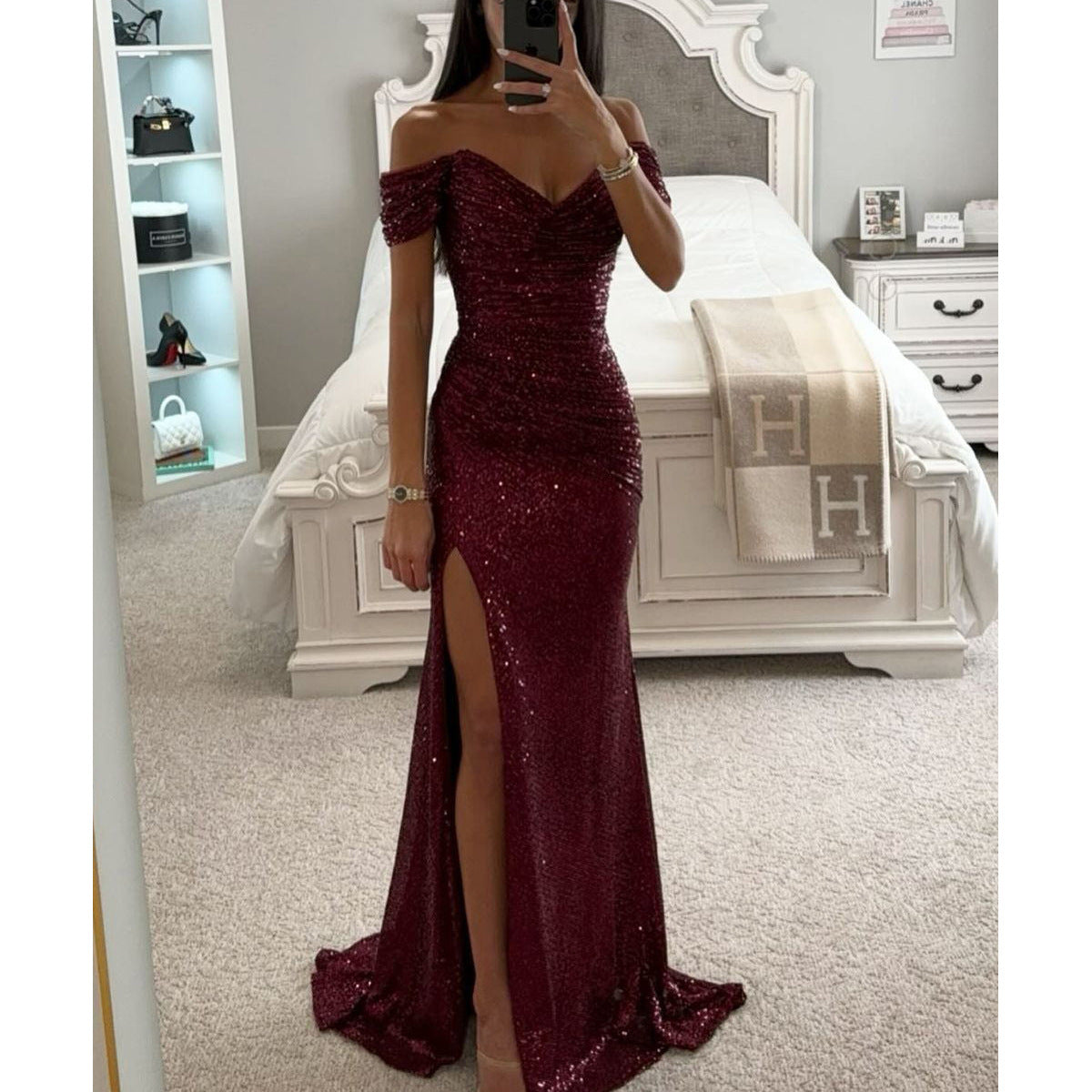 Sequined V-neck Slit Dress