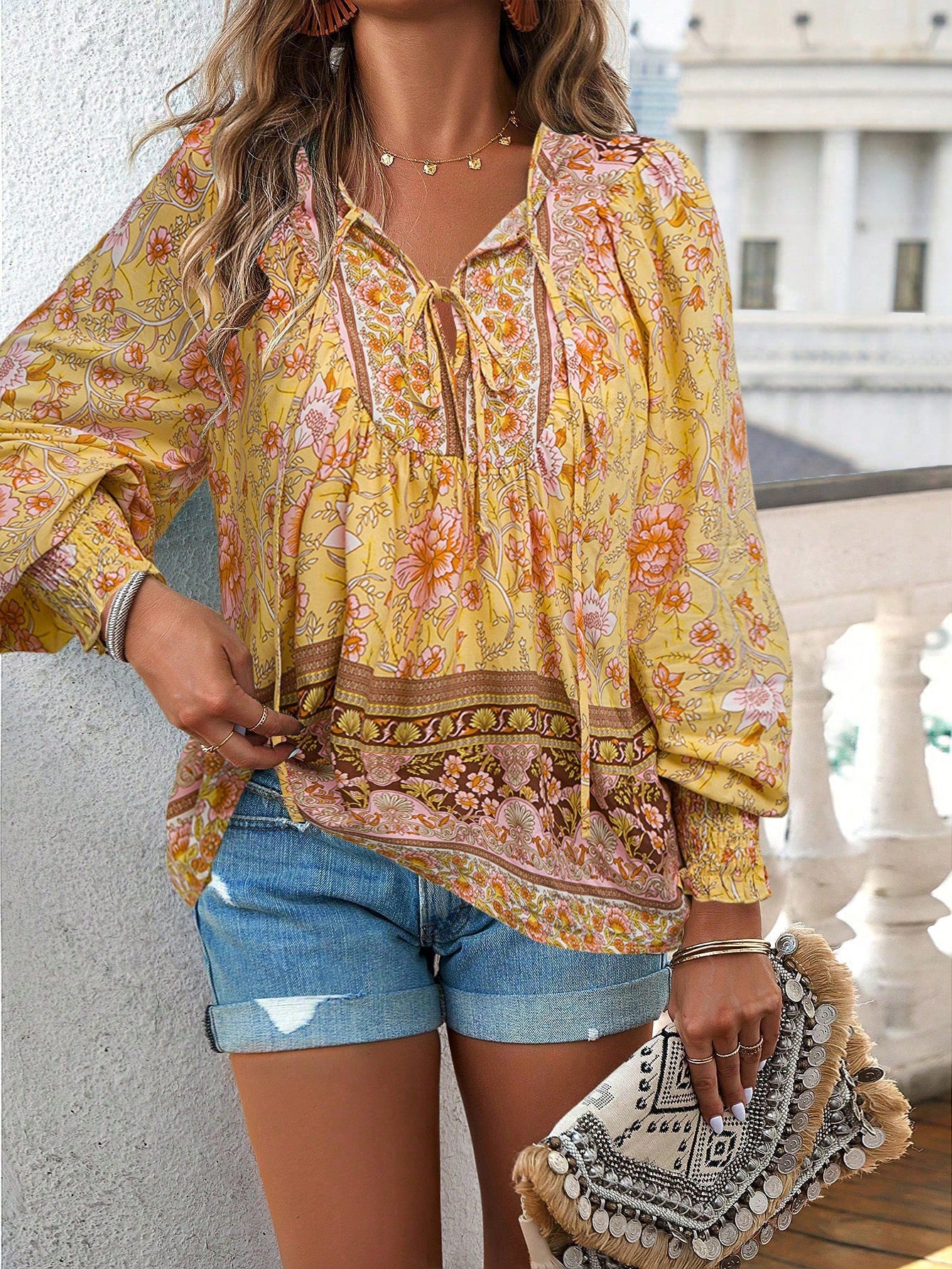 Tie Front V Neck Bohemian Top