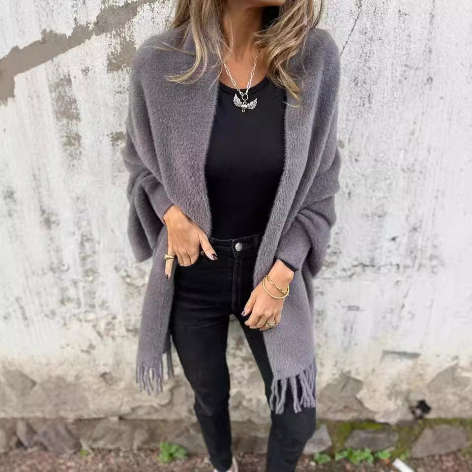 Faux Mink Fringed Shawl Cardigan
