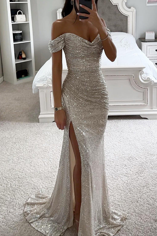 Sequined V-neck Slit Dress