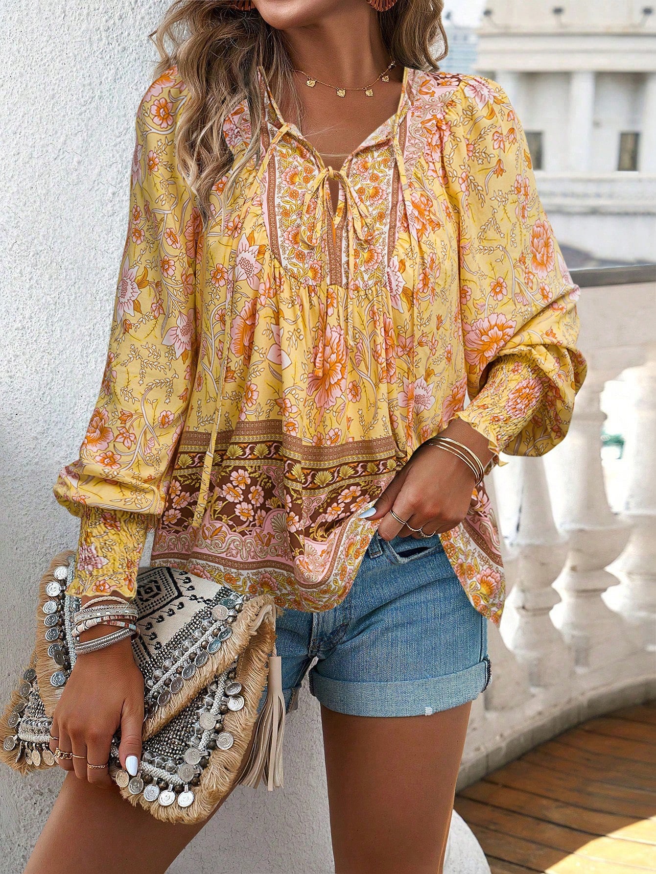 Tie Front V Neck Bohemian Top