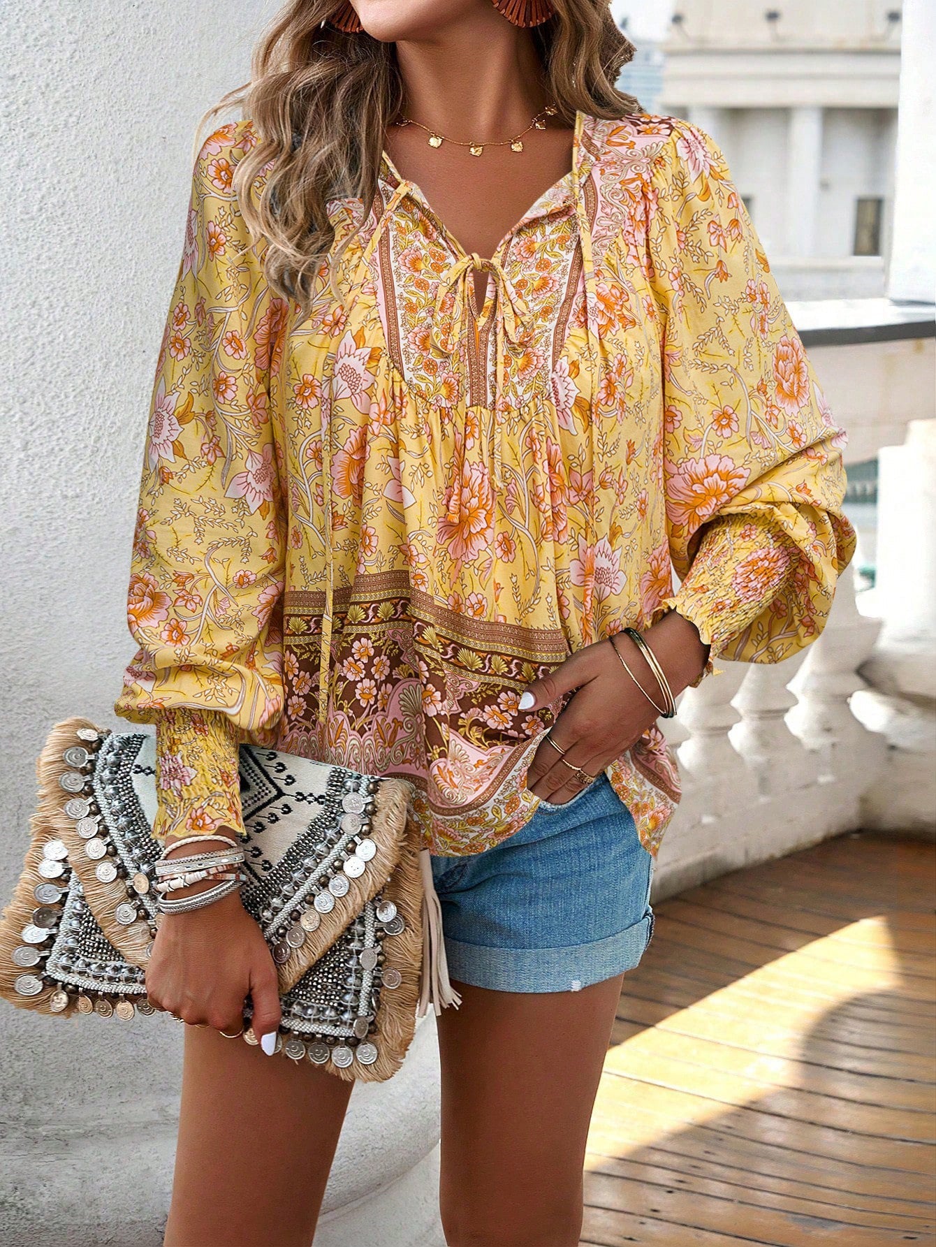 Tie Front V Neck Bohemian Top