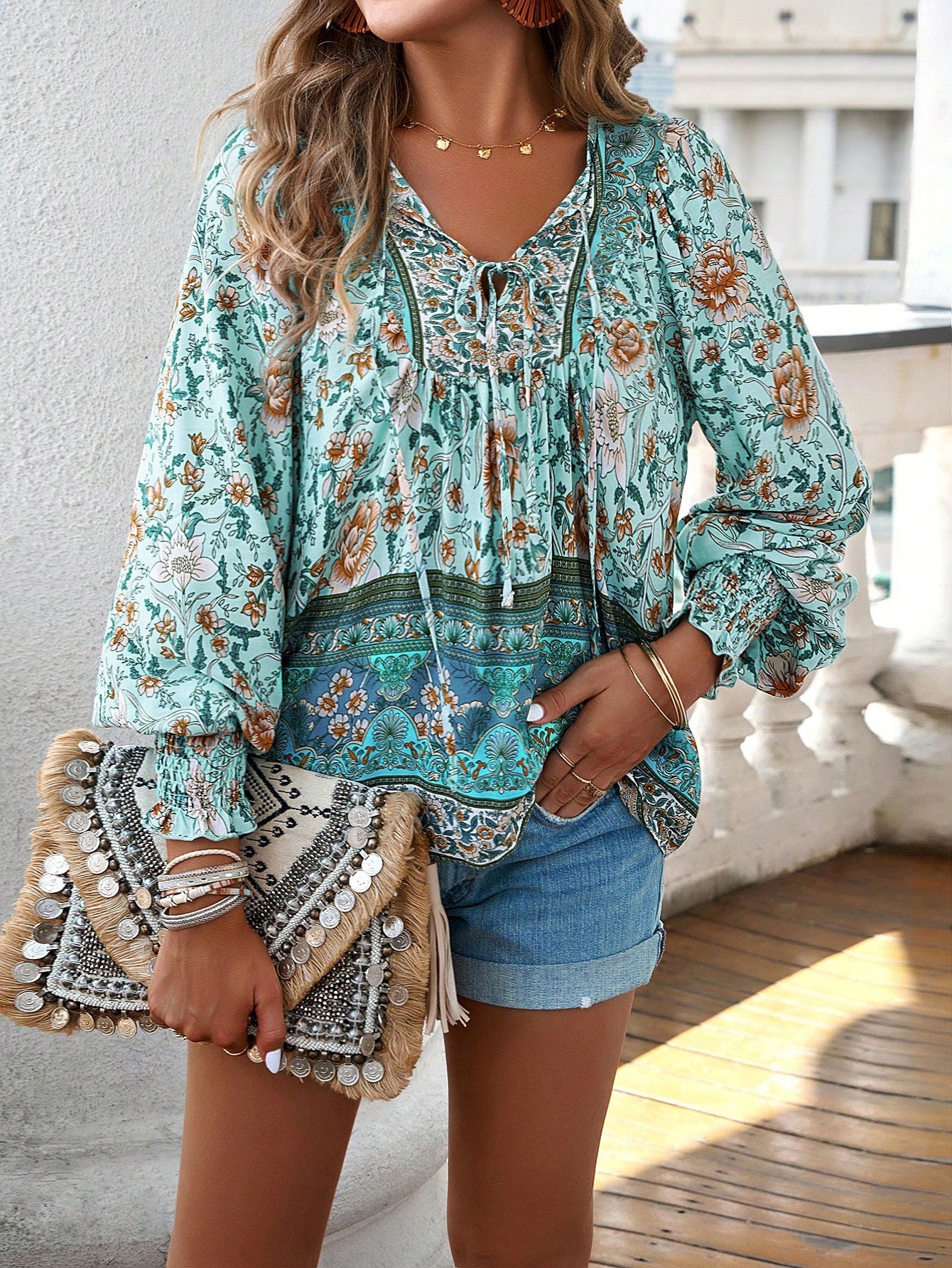 Tie Front V Neck Bohemian Top