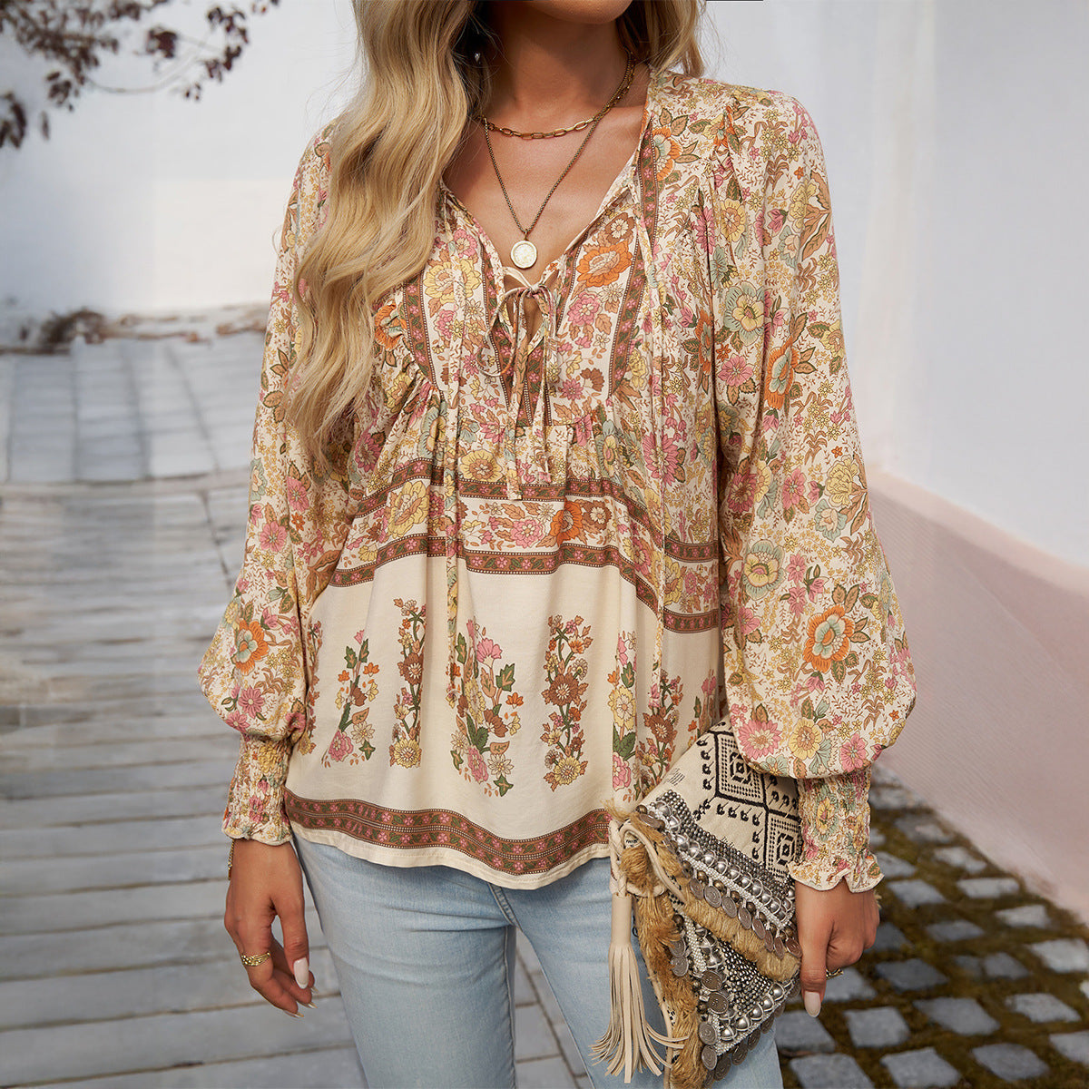 Tie Front V Neck Bohemian Top