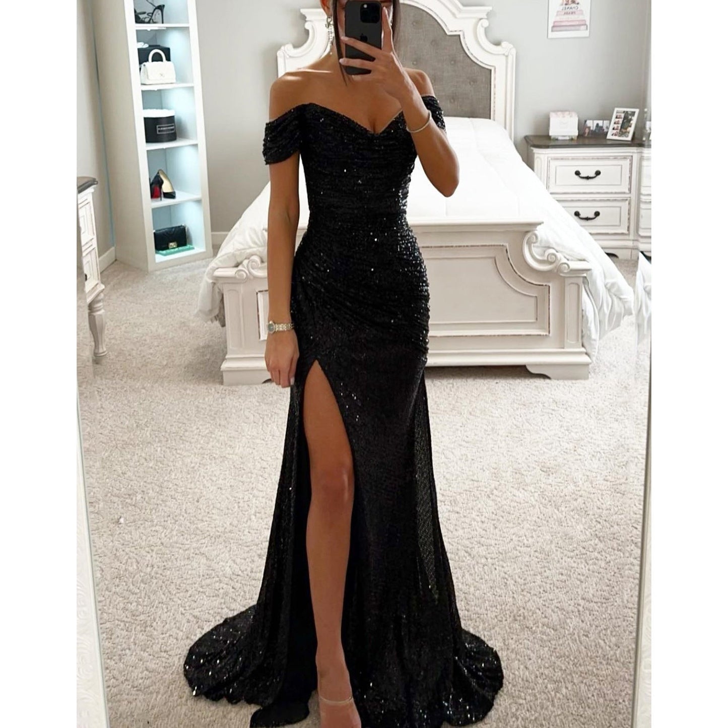 Sequined V-neck Slit Dress