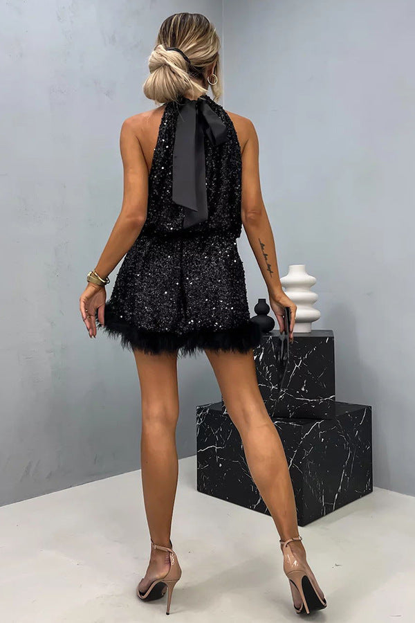 Sleeveless Sequined Halter Neck Mini Dress