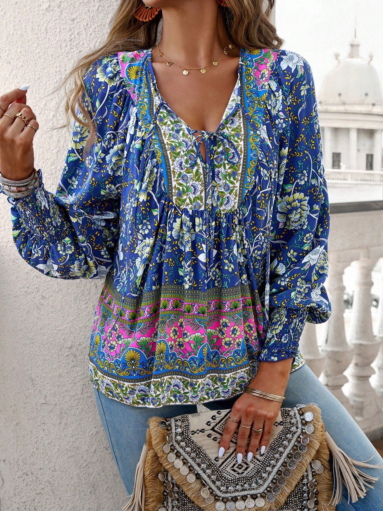 Tie Front V Neck Bohemian Top