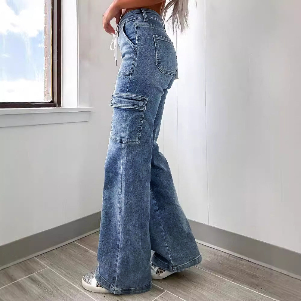 Washed Lace-up Cargo Jeans