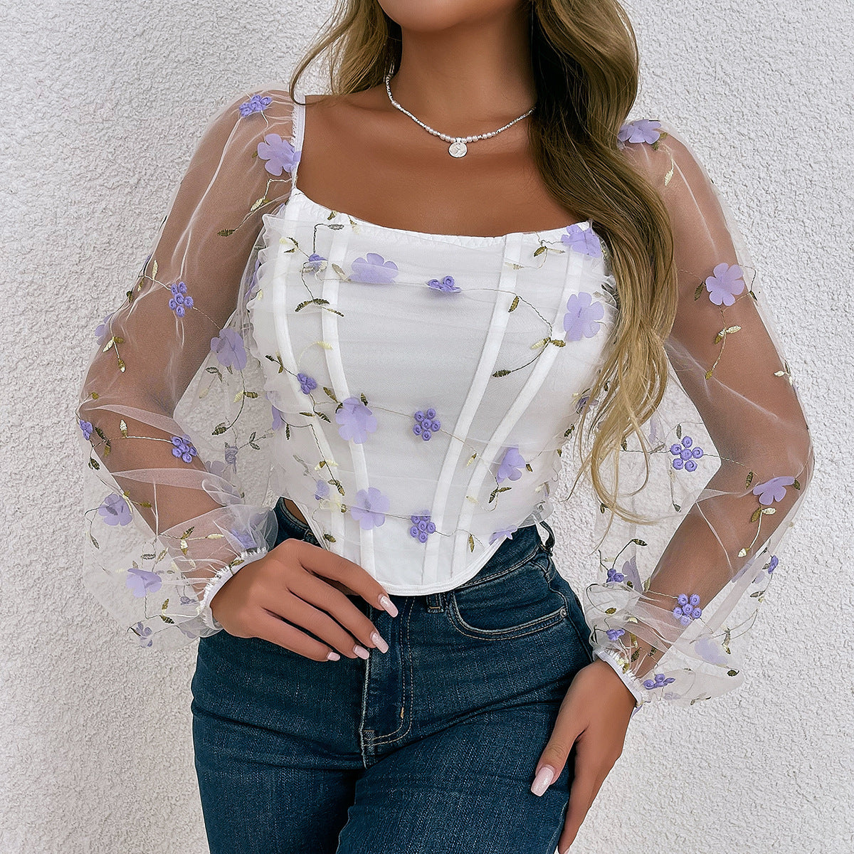 Floral Embroidery Off Shoulder Lantern Sleeve Curved Hem Top
