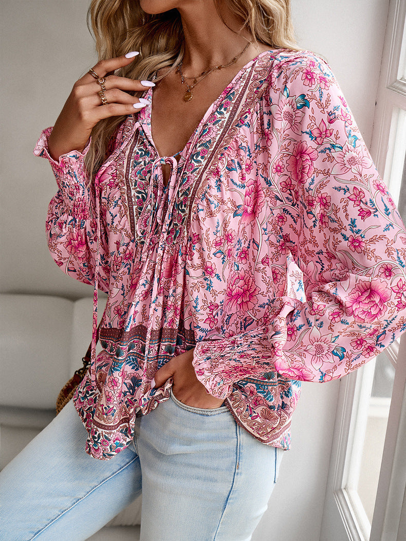 Tie Front V Neck Bohemian Top