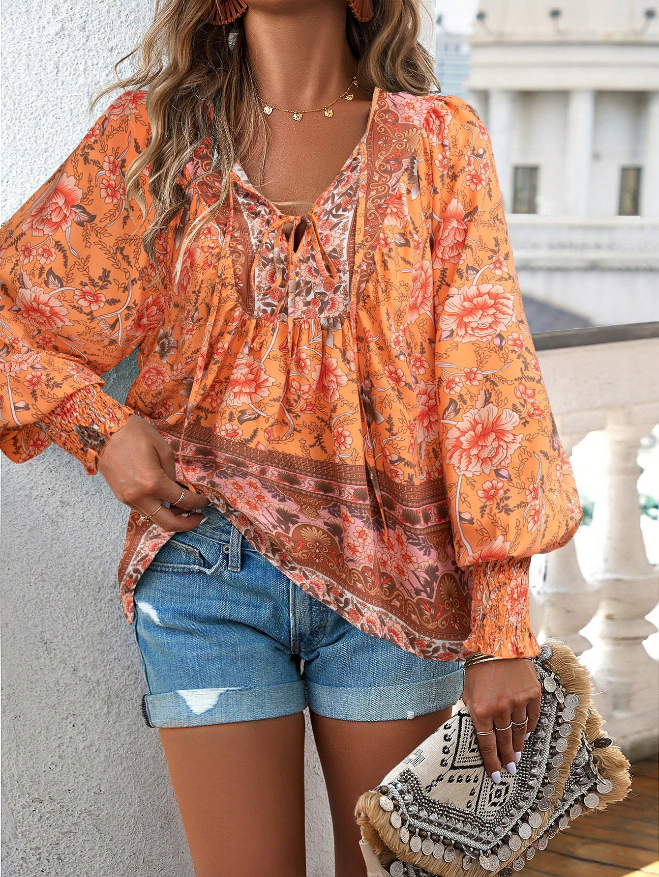 Tie Front V Neck Bohemian Top
