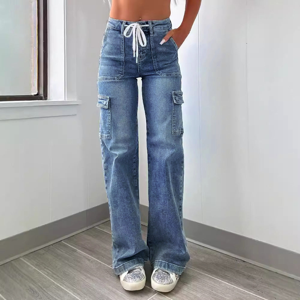 Washed Lace-up Cargo Jeans