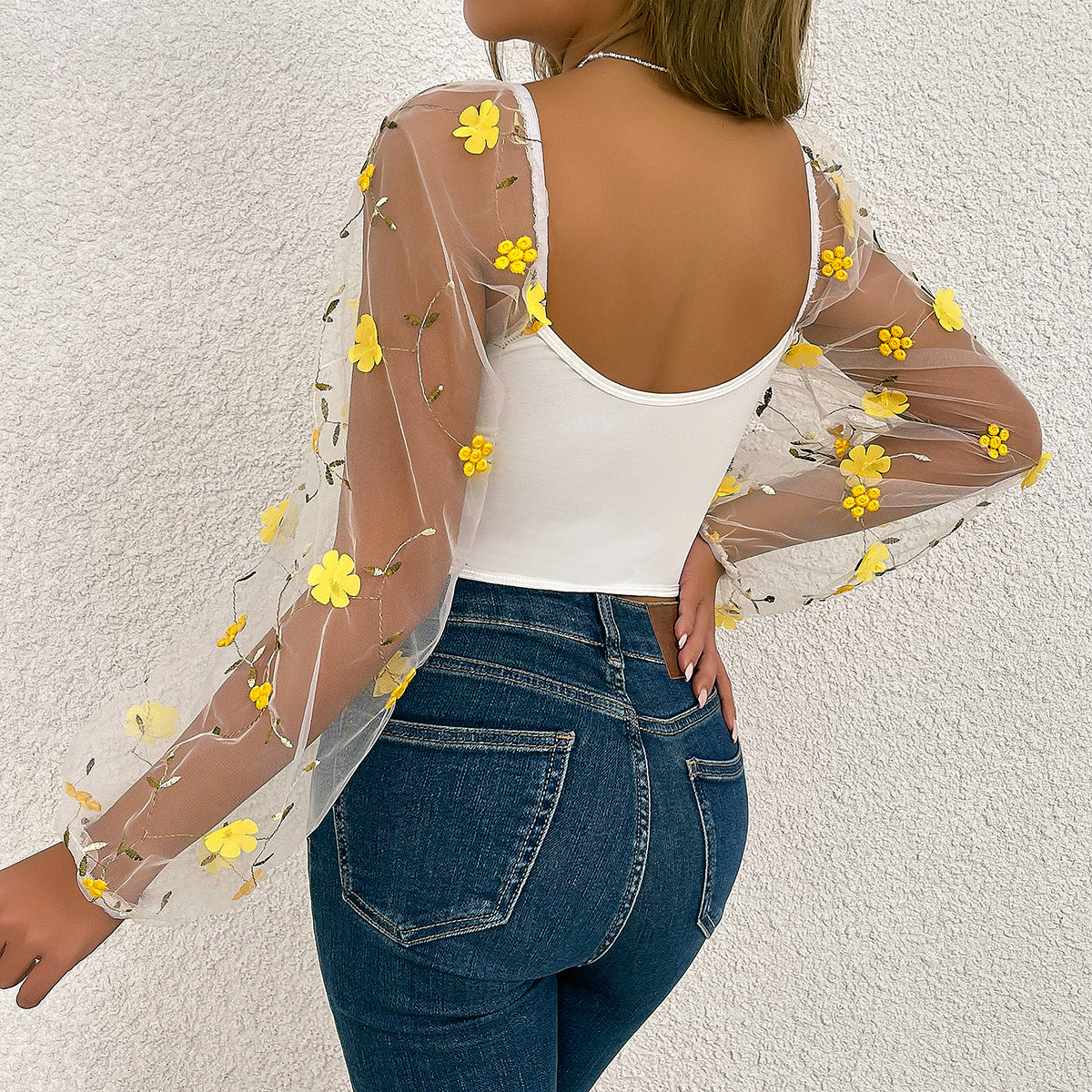 Floral Embroidery Off Shoulder Lantern Sleeve Curved Hem Top