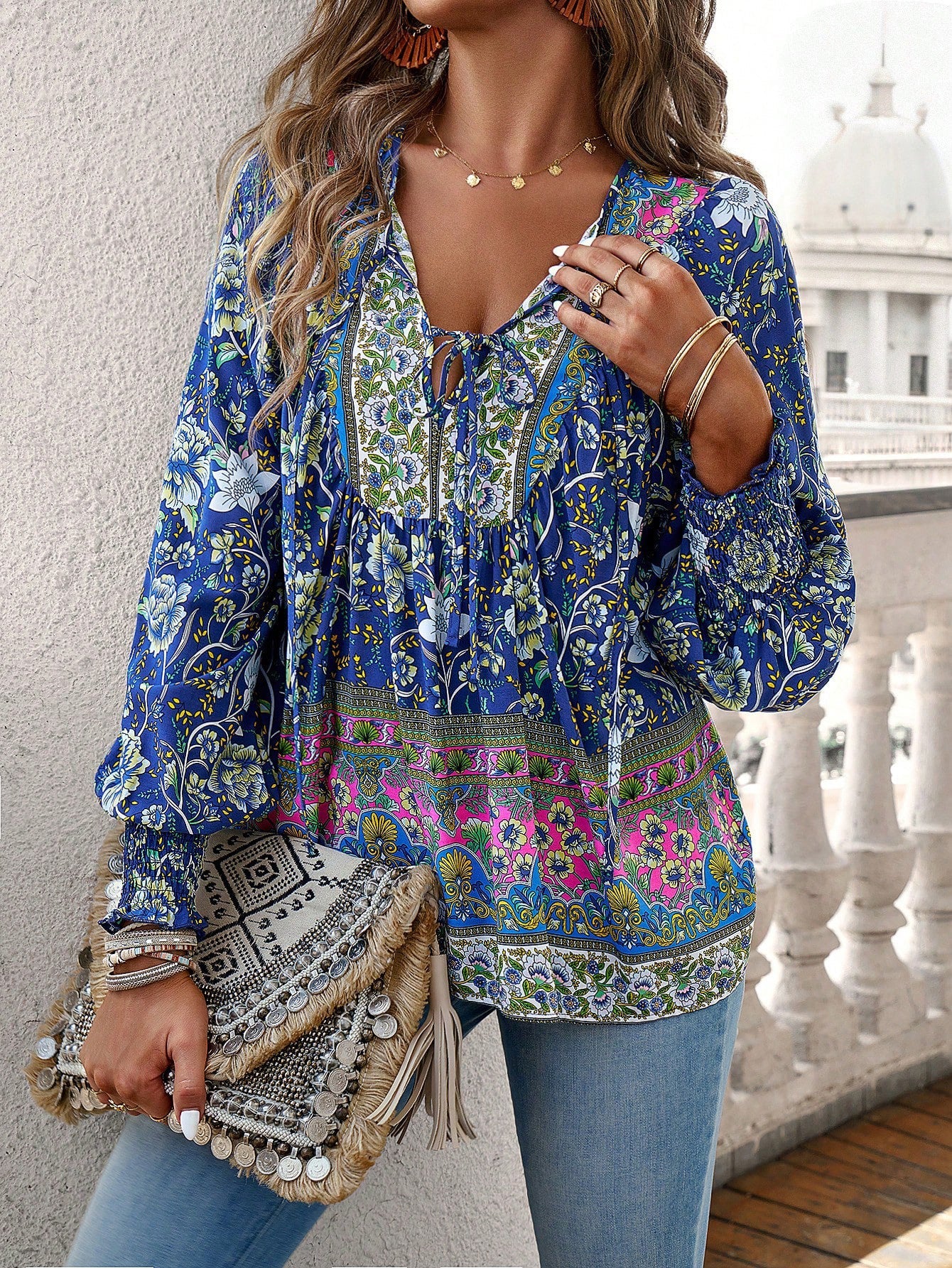 Tie Front V Neck Bohemian Top