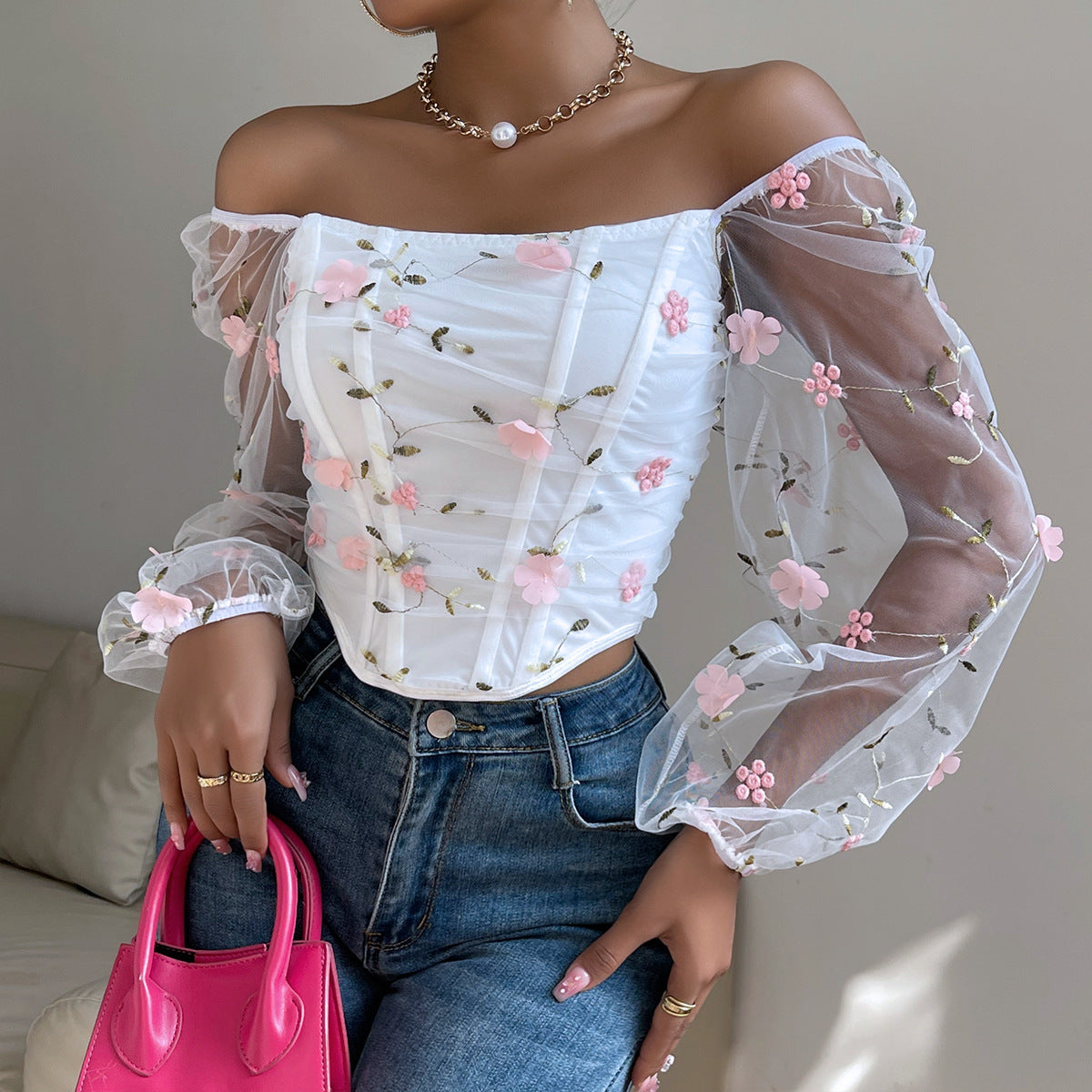 Floral Embroidery Off Shoulder Lantern Sleeve Curved Hem Top