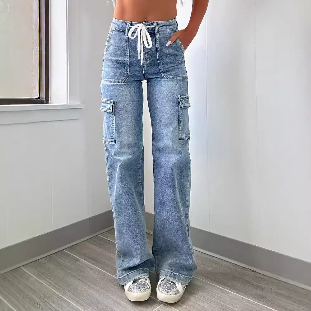 Washed Lace-up Cargo Jeans