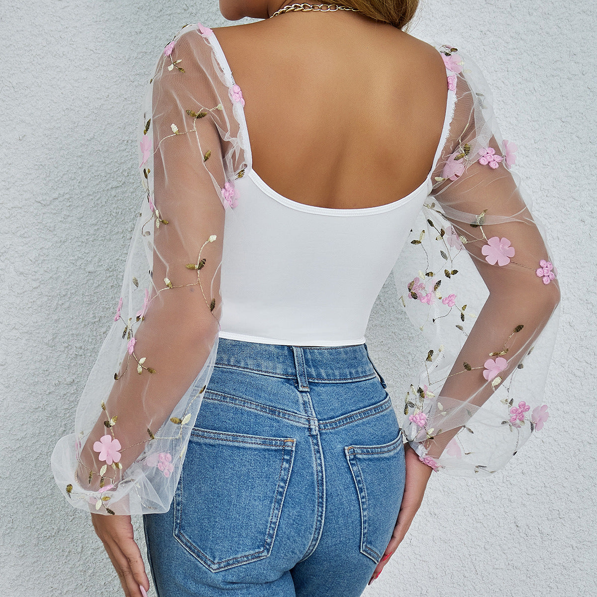 Floral Embroidery Off Shoulder Lantern Sleeve Curved Hem Top