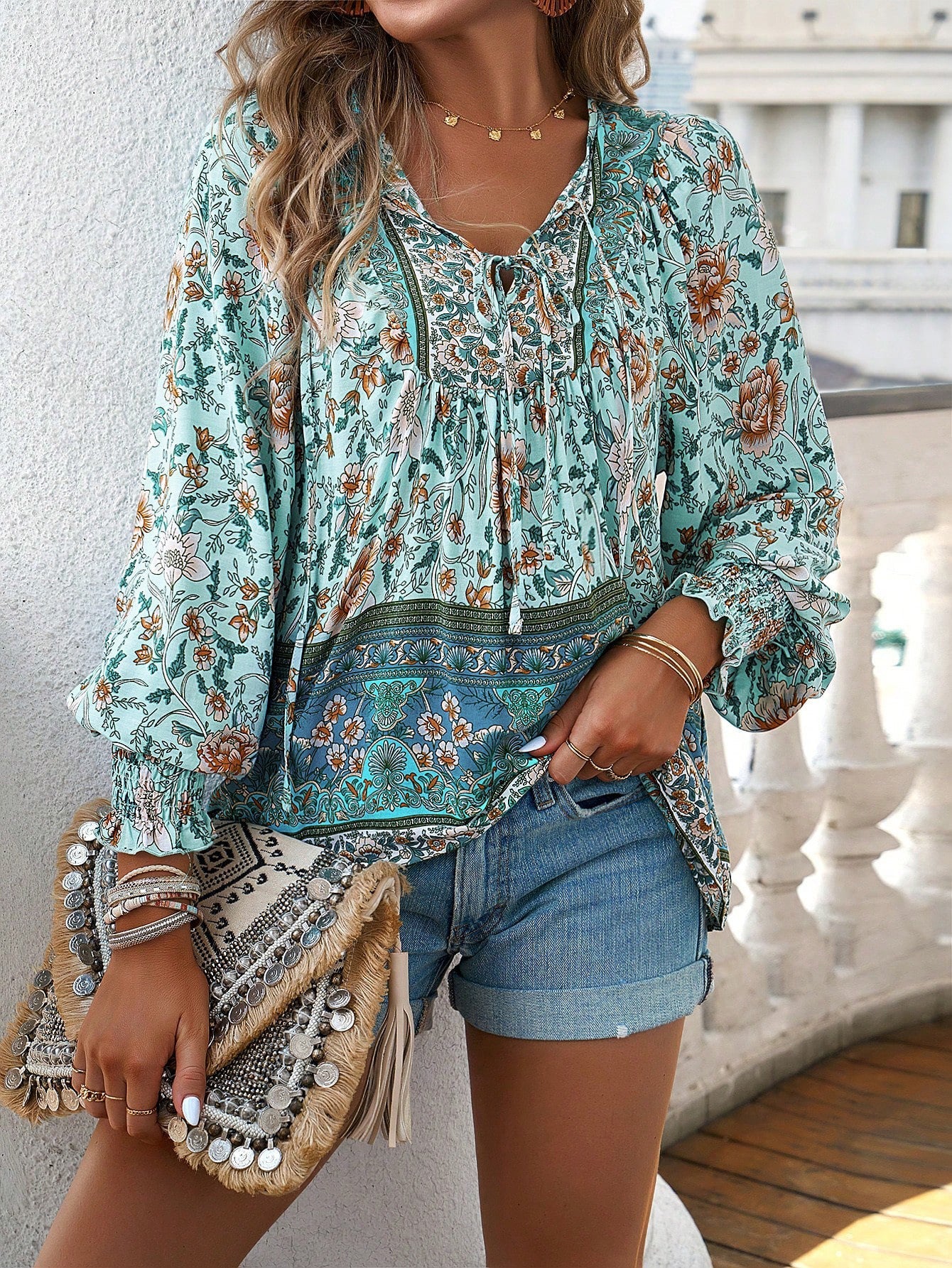 Tie Front V Neck Bohemian Top