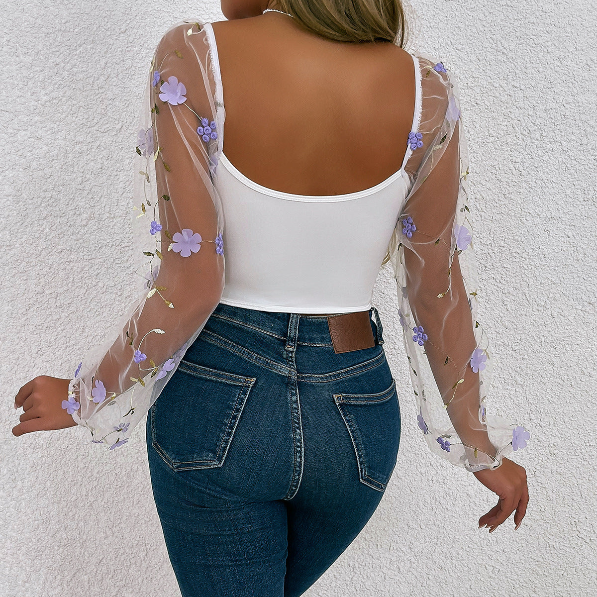 Floral Embroidery Off Shoulder Lantern Sleeve Curved Hem Top