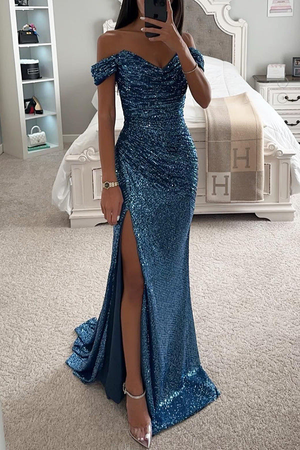 Sequined V-neck Slit Dress