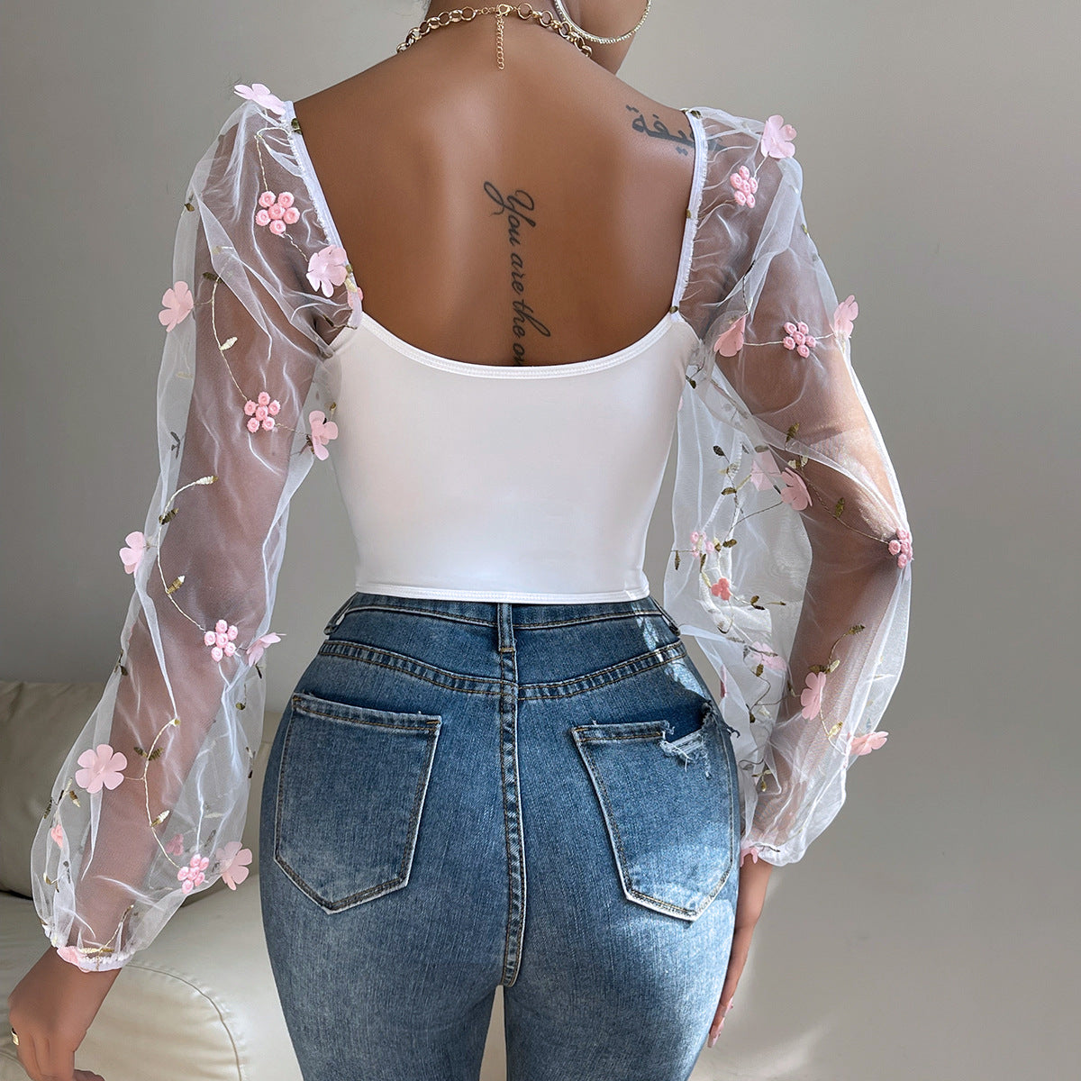 Floral Embroidery Off Shoulder Lantern Sleeve Curved Hem Top