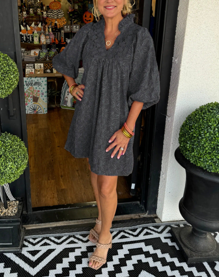 Puff Sleeve Leaf Jacquard Mini Dress