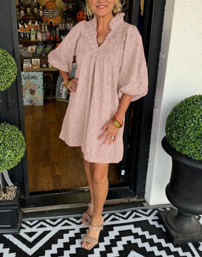 Puff Sleeve Leaf Jacquard Mini Dress