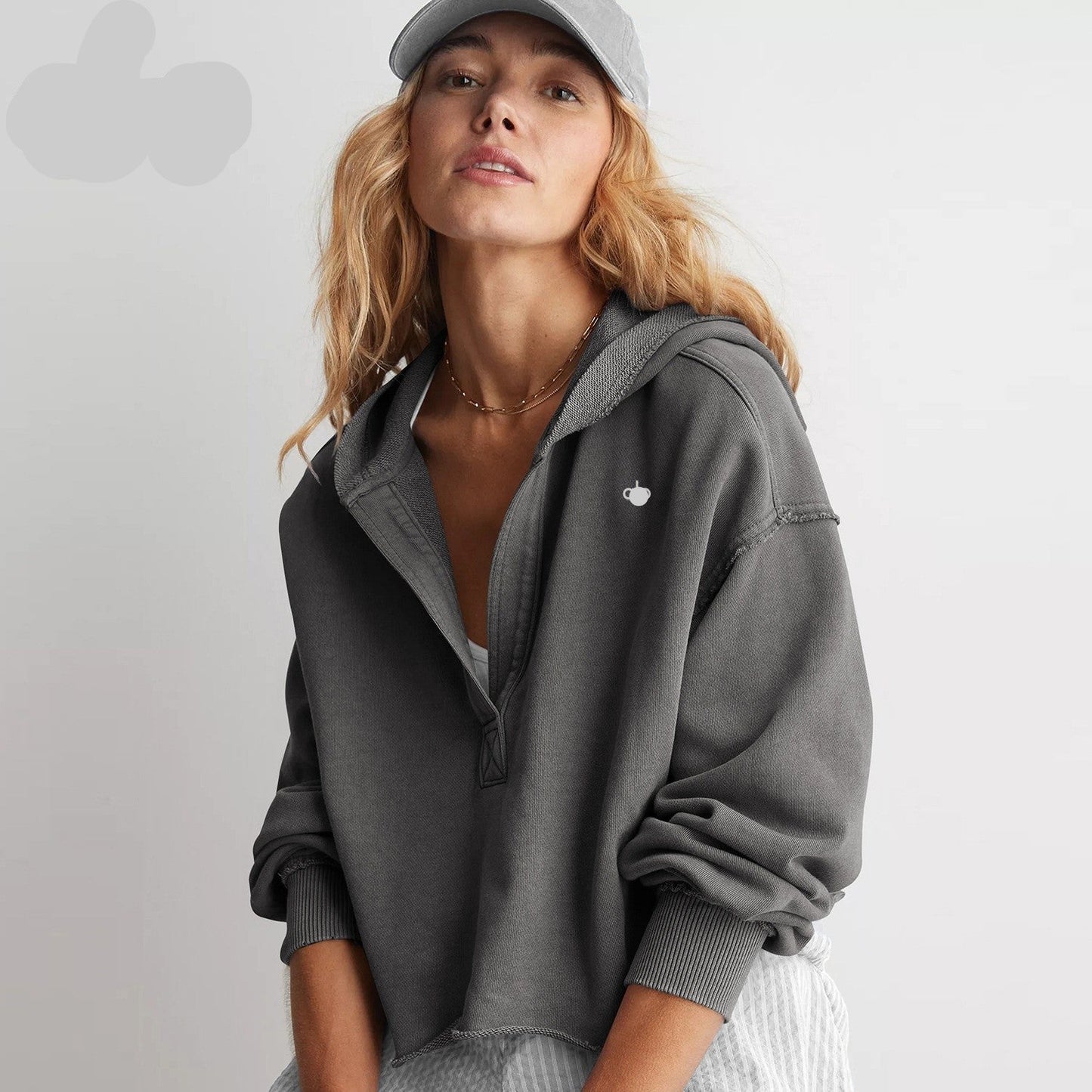 A-V Neck Drop Shoulder Hoodie