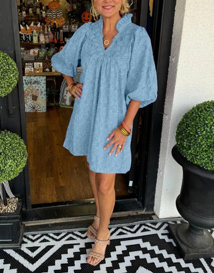 Puff Sleeve Leaf Jacquard Mini Dress