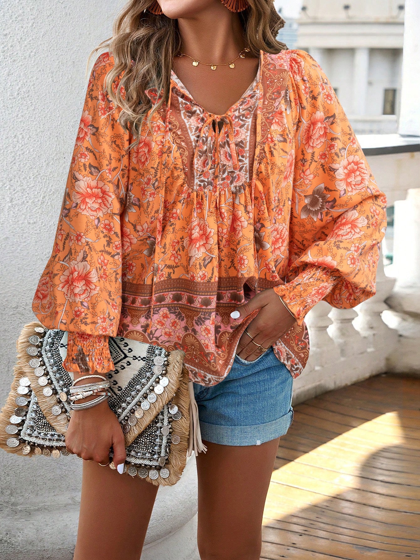 Tie Front V Neck Bohemian Top