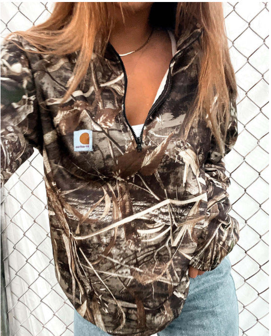 Zippered Turtleneck Printed Top