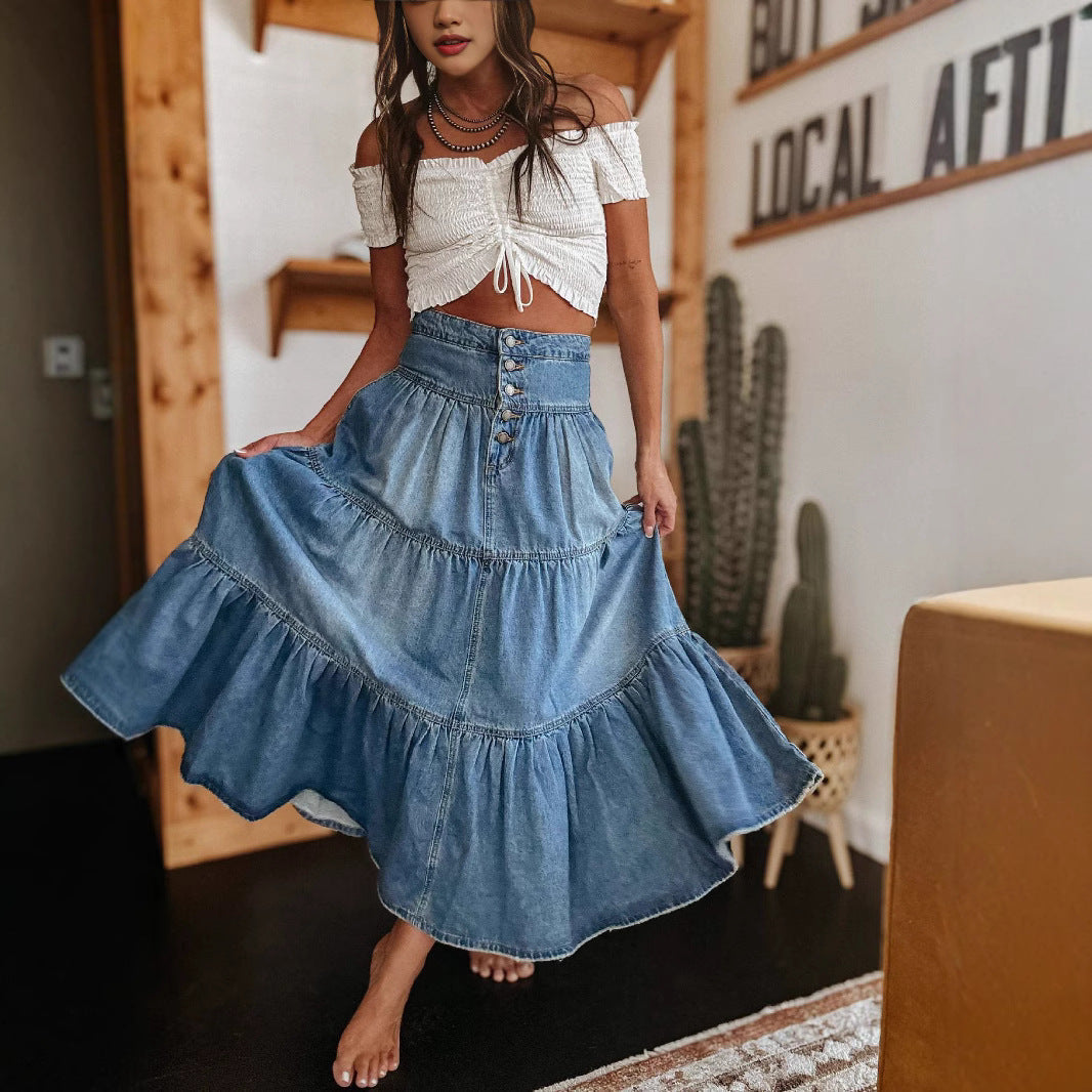 A-LINE LAYERED DENIM SKIRT