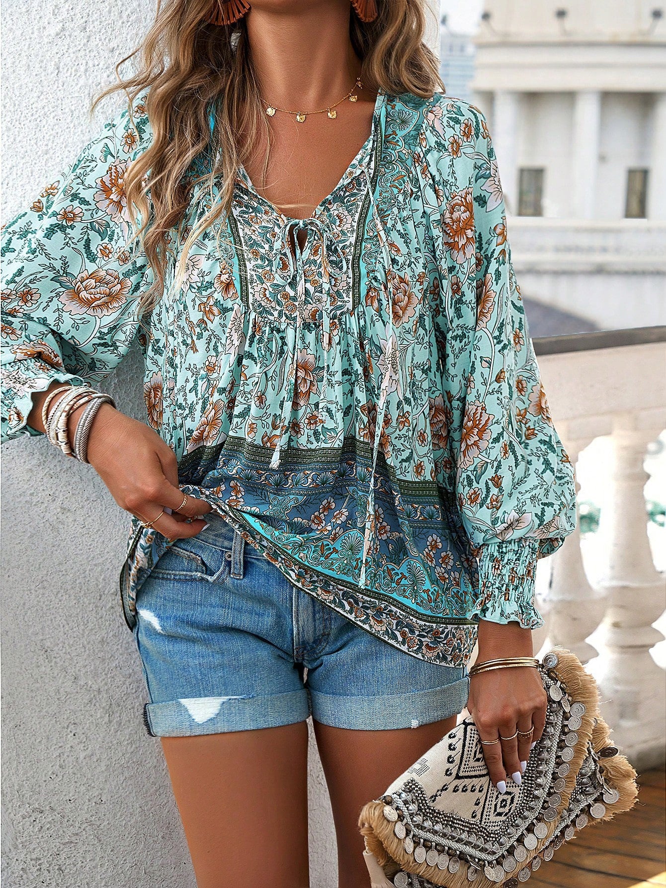 Tie Front V Neck Bohemian Top