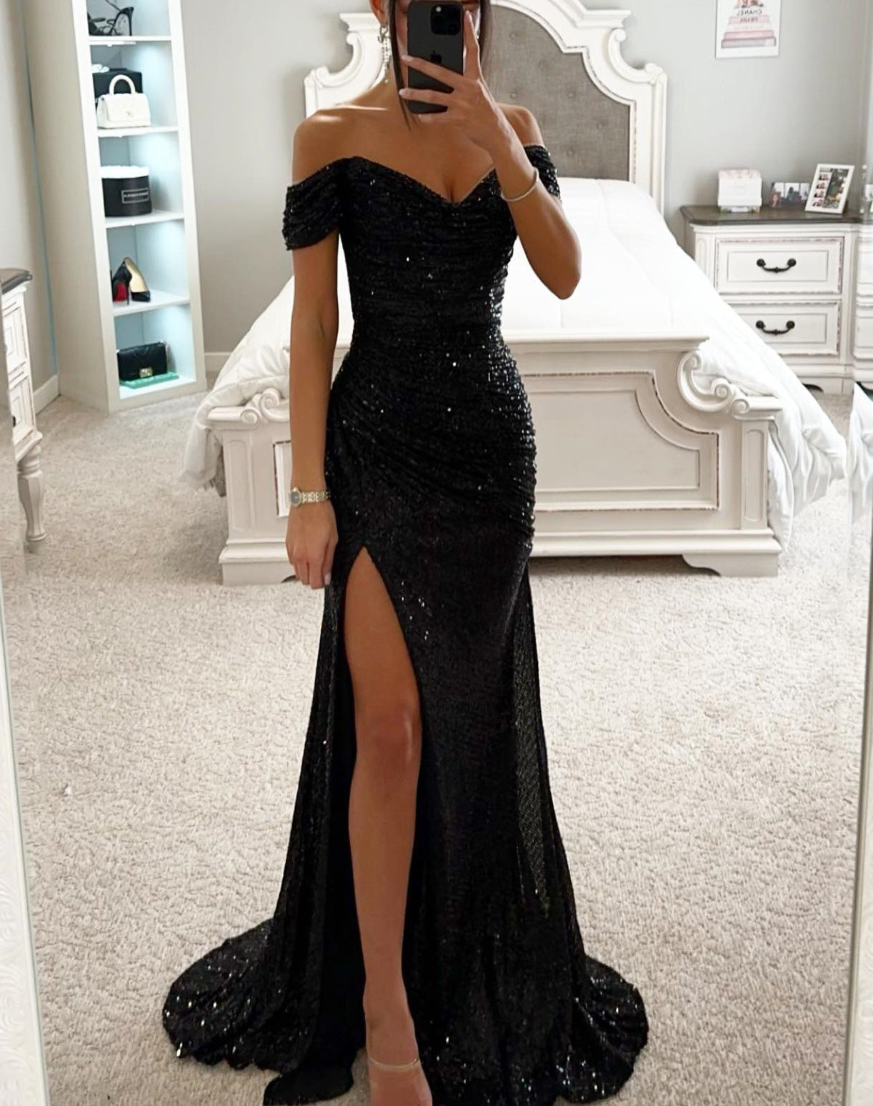 Sequined V-neck Slit Dress