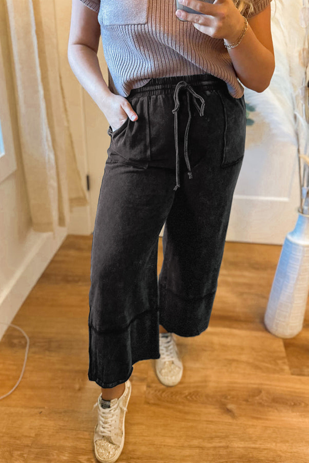 Plus Size Wash Wide Leg Cropped Pants