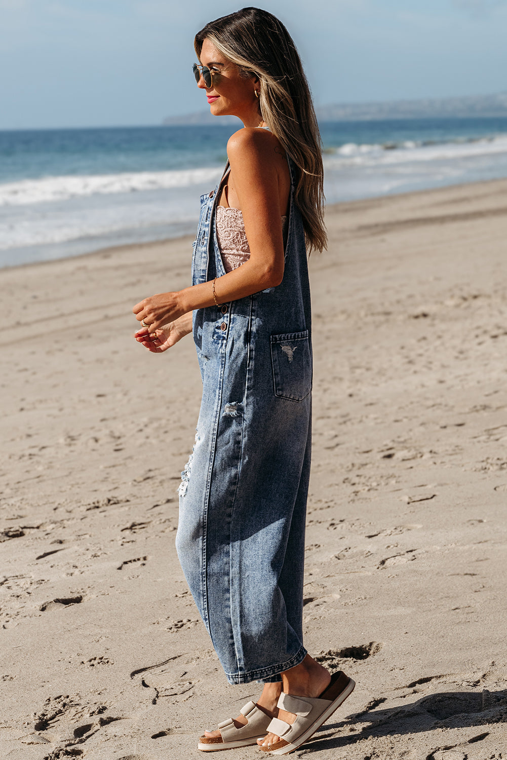 Distressed Pocket Wide Leg Denim Overall