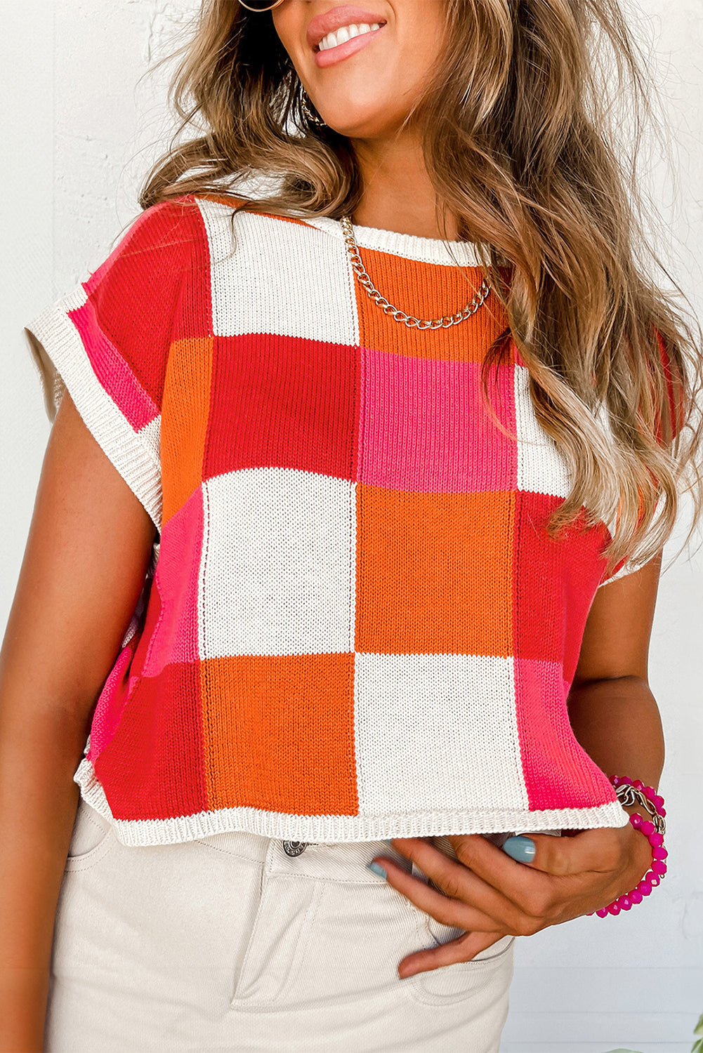 Checkered Color Block Cap Sleeve Sweater