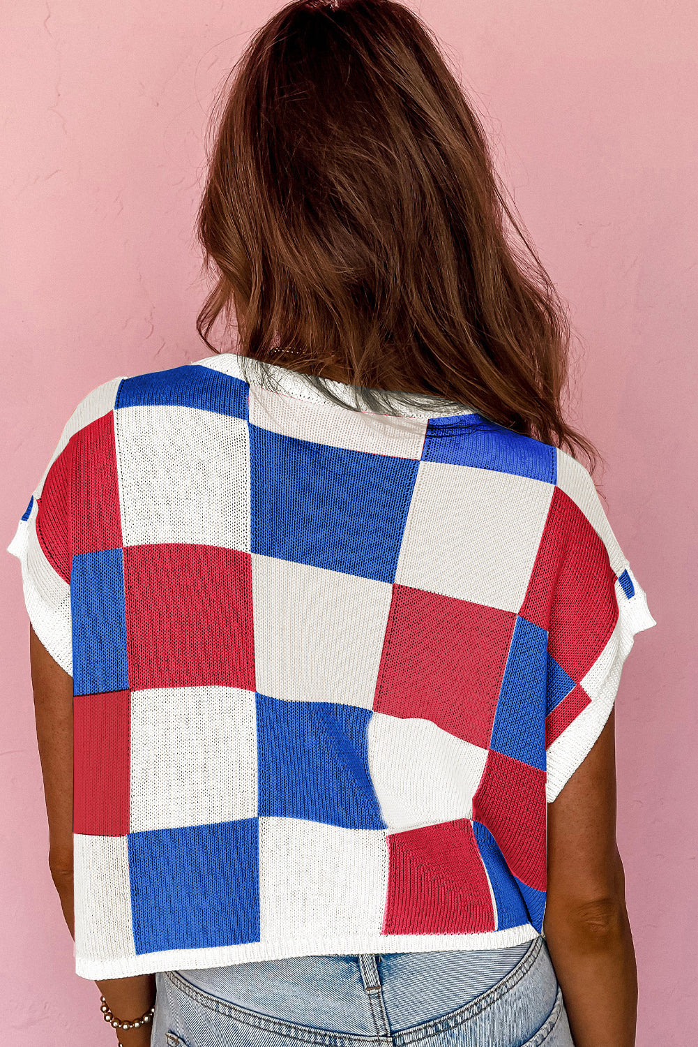 Checkered Color Block Cap Sleeve Sweater