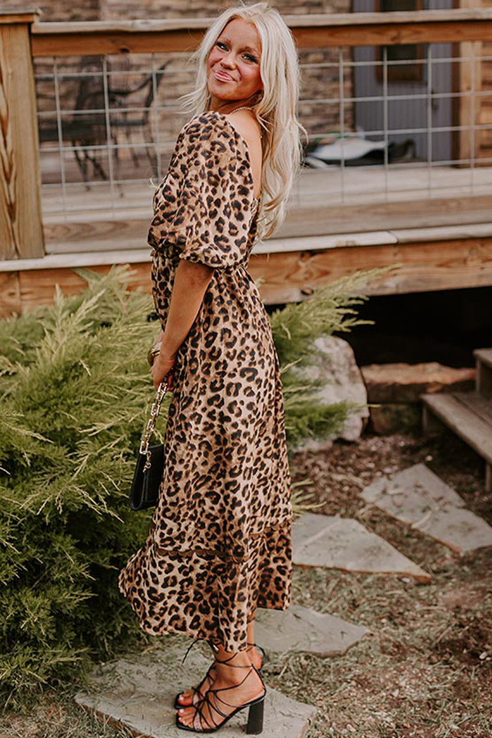 Leopard Bubble Sleeve Maxi Dress