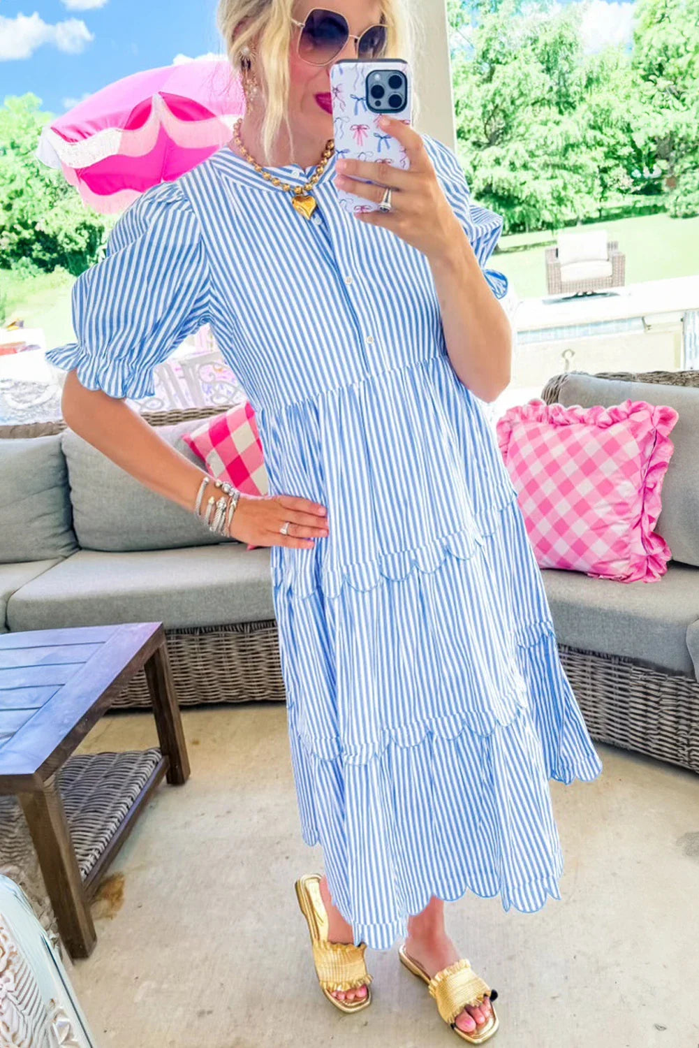 Stripe Bubble Sleeve Scallop Tiered Dress