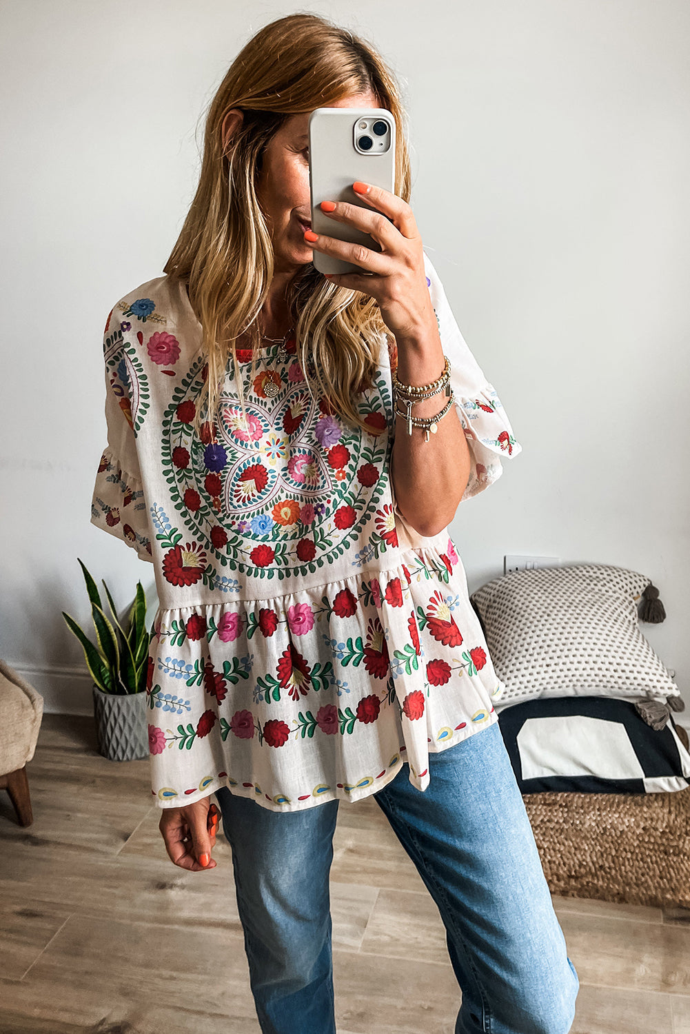 Boho Floral Ruffle Trim Blouse