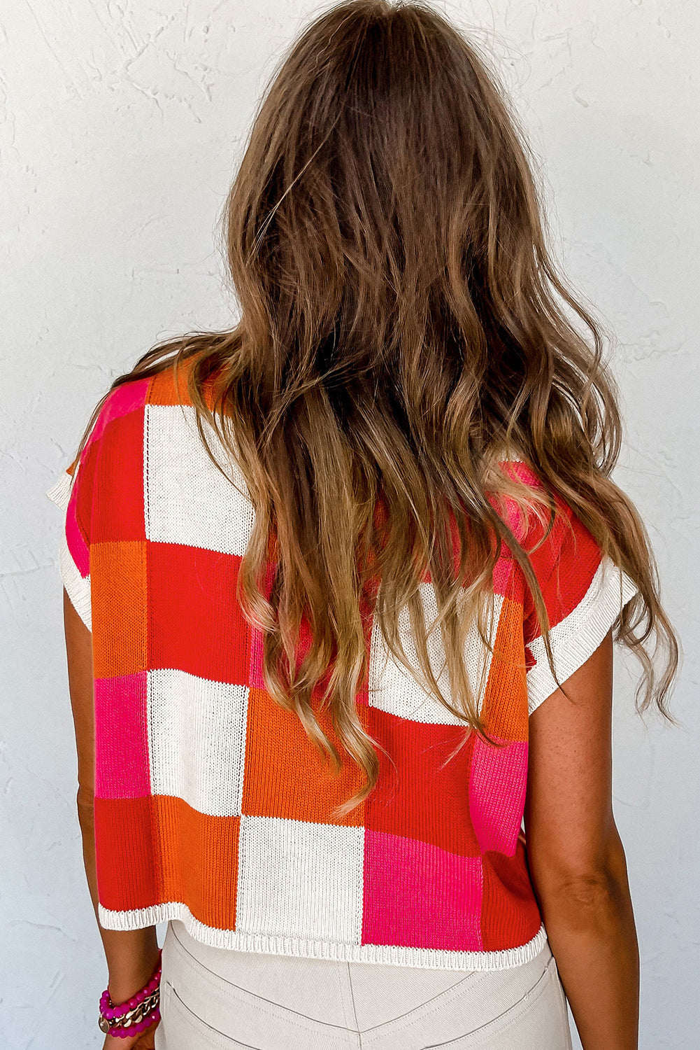 Checkered Color Block Cap Sleeve Sweater