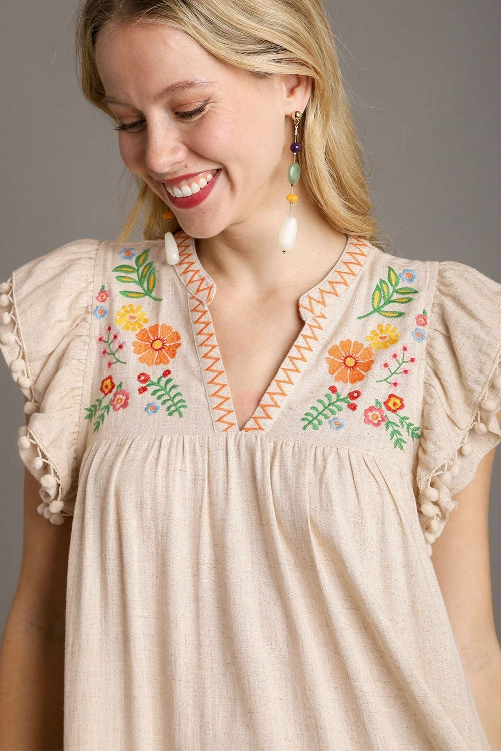 Linen Embroidery Ruffle Sleeves Dress
